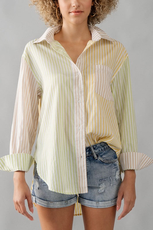 Colorblock Stripe Collar Shirt Yellow Multi-SHIRT-Urban Daizy-S-Urbanheer