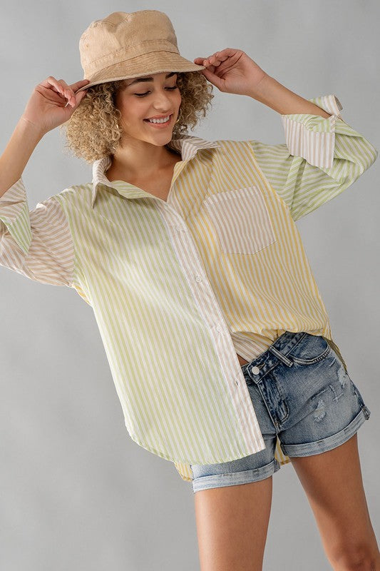 Colorblock Stripe Collar Shirt Yellow Multi-SHIRT-Urban Daizy-S-Urbanheer