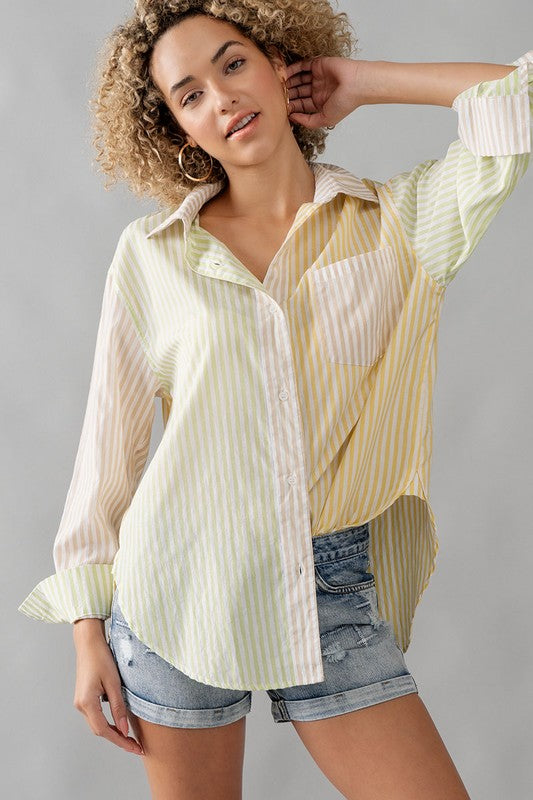 Colorblock Stripe Collar Shirt Yellow Multi-SHIRT-Urban Daizy-S-Urbanheer