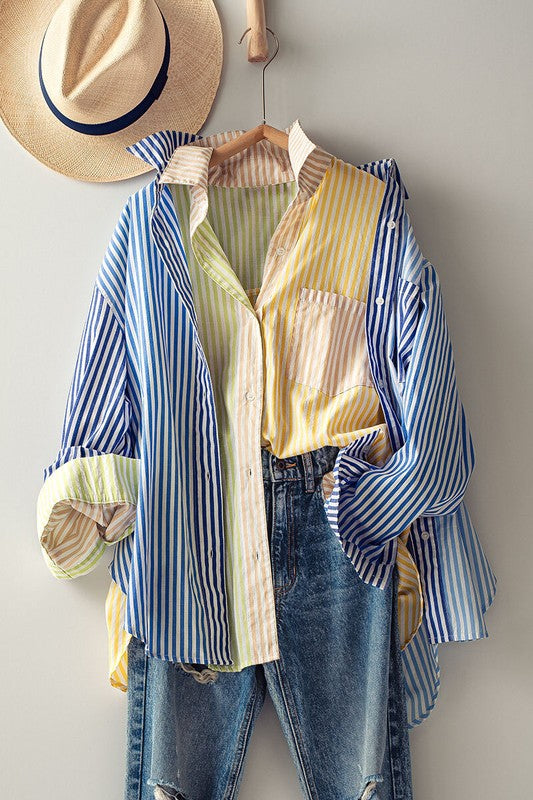 Colorblock Stripe Collar Shirt Yellow Multi-SHIRT-Urban Daizy-S-Urbanheer