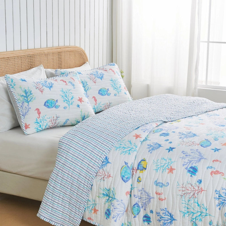 Colorful Coastal Seascape Quilt Set | Ryanne Collection By Great Bay Home-Set-BH Collective-Twin / Twin XL-Colorful Seascape-Urbanheer
