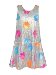 Colorful Flower Sequin Dress with Back Zip Closure-Dress-Hannah Banana-4-SILVER MULTI-Urbanheer