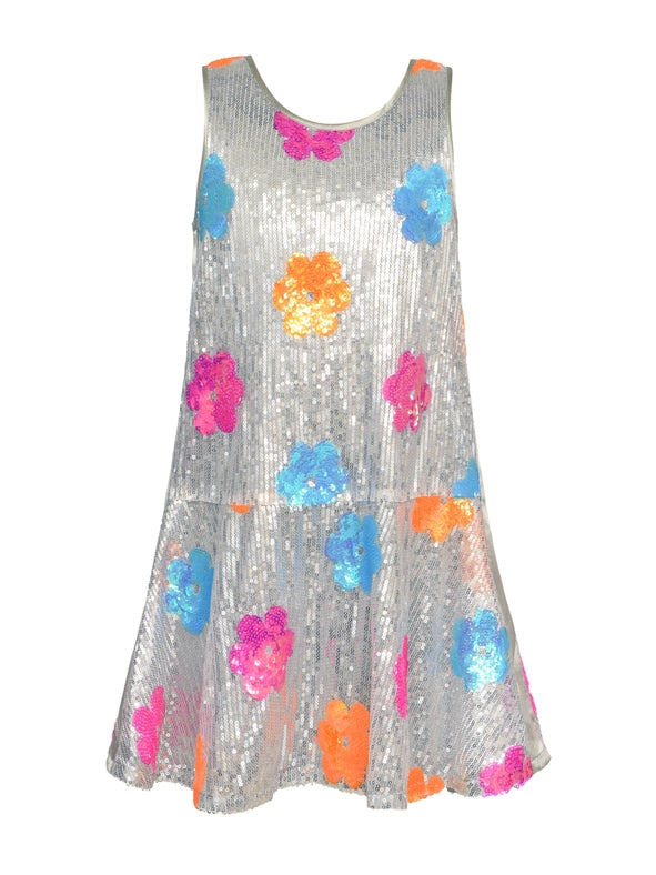 Colorful Flower Sequin Dress with Back Zip Closure-Dress-Hannah Banana-4-SILVER MULTI-Urbanheer
