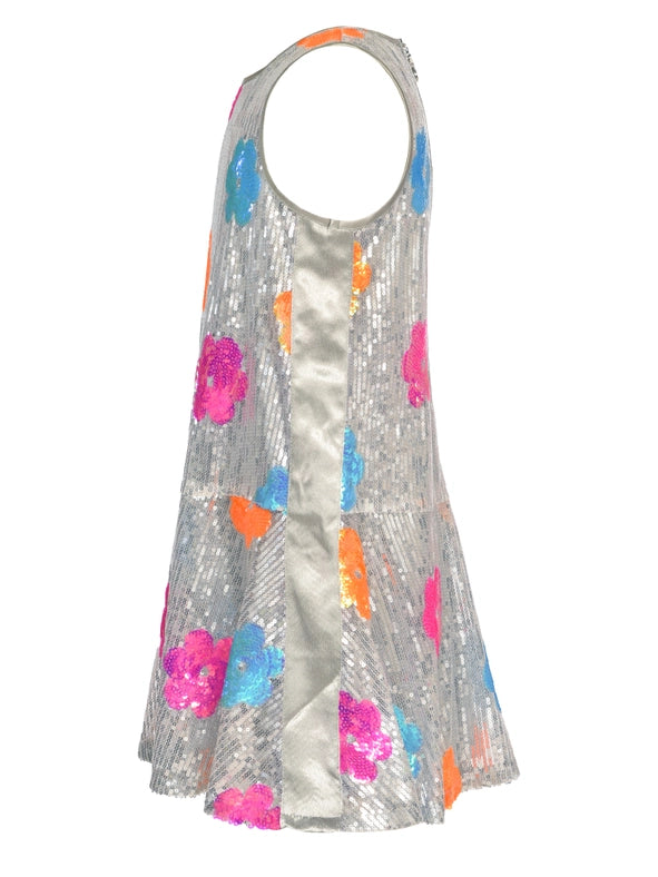 Colorful Flower Sequin Dress with Back Zip Closure-Dress-Hannah Banana-4-SILVER MULTI-Urbanheer