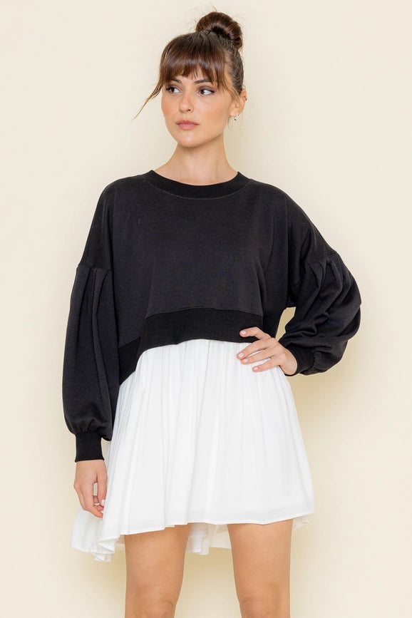 Comfy Round Neck Drop Shoulder Crop Mini DRESS Black-DRESS-Fore Collection-S-Black-Urbanheer