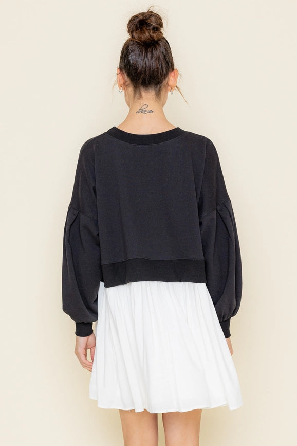 Comfy Round Neck Drop Shoulder Crop Mini DRESS Black-DRESS-Fore Collection-S-Black-Urbanheer