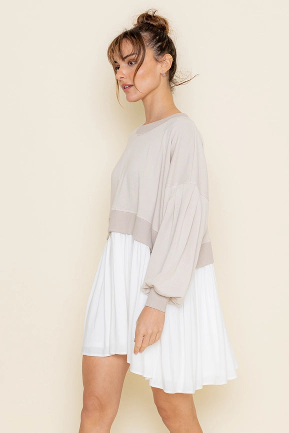 Comfy Round Neck Drop Shoulder Crop Mini DRESS SEASHELL/OFF WHITE-DRESS-Fore Collection-S-SEASHELL/OFF WHITE-Urbanheer