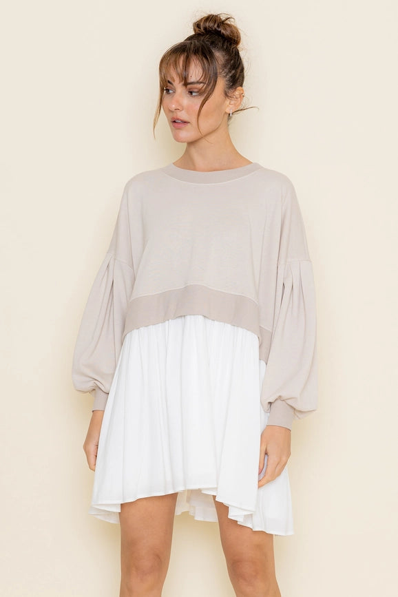 Comfy Round Neck Drop Shoulder Crop Mini DRESS SEASHELL/OFF WHITE-DRESS-Fore Collection-S-SEASHELL/OFF WHITE-Urbanheer