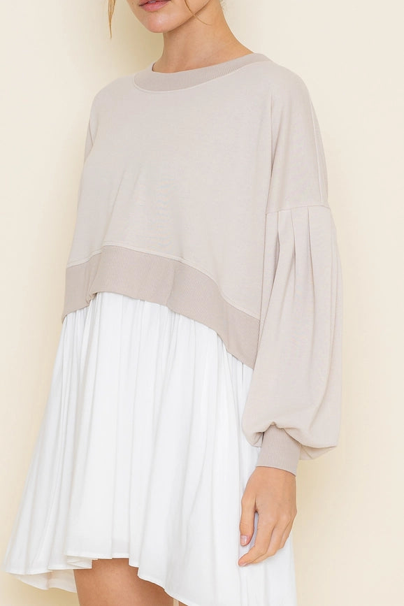 Comfy Round Neck Drop Shoulder Crop Mini DRESS SEASHELL/OFF WHITE-DRESS-Fore Collection-S-SEASHELL/OFF WHITE-Urbanheer