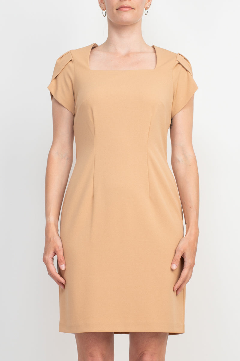 Connected Apparel Square Neck Short Sleeve Zipper Back Bodycon Solid Stretch Crepe Dress-Clothes-Connected Apparel-CARAMEL-10-Urbanheer