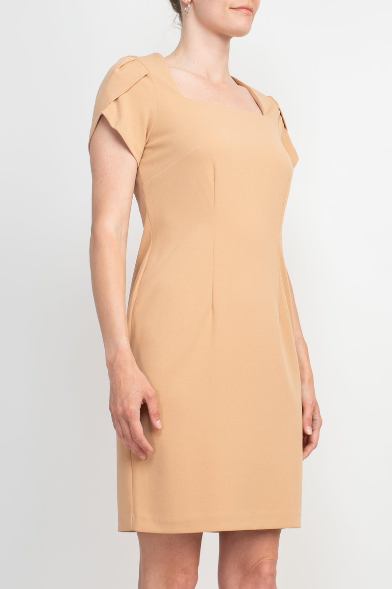Connected Apparel Square Neck Short Sleeve Zipper Back Bodycon Solid Stretch Crepe Dress-Clothes-Connected Apparel-CARAMEL-10-Urbanheer