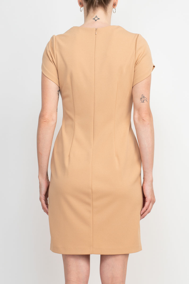 Connected Apparel Square Neck Short Sleeve Zipper Back Bodycon Solid Stretch Crepe Dress-Clothes-Connected Apparel-CARAMEL-10-Urbanheer