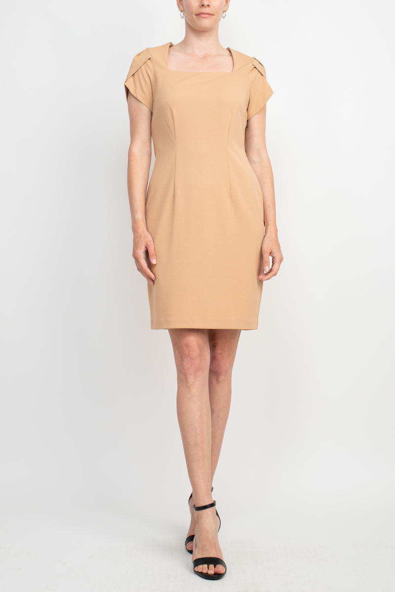 Connected Apparel Square Neck Short Sleeve Zipper Back Bodycon Solid Stretch Crepe Dress-Clothes-Connected Apparel-CARAMEL-10-Urbanheer