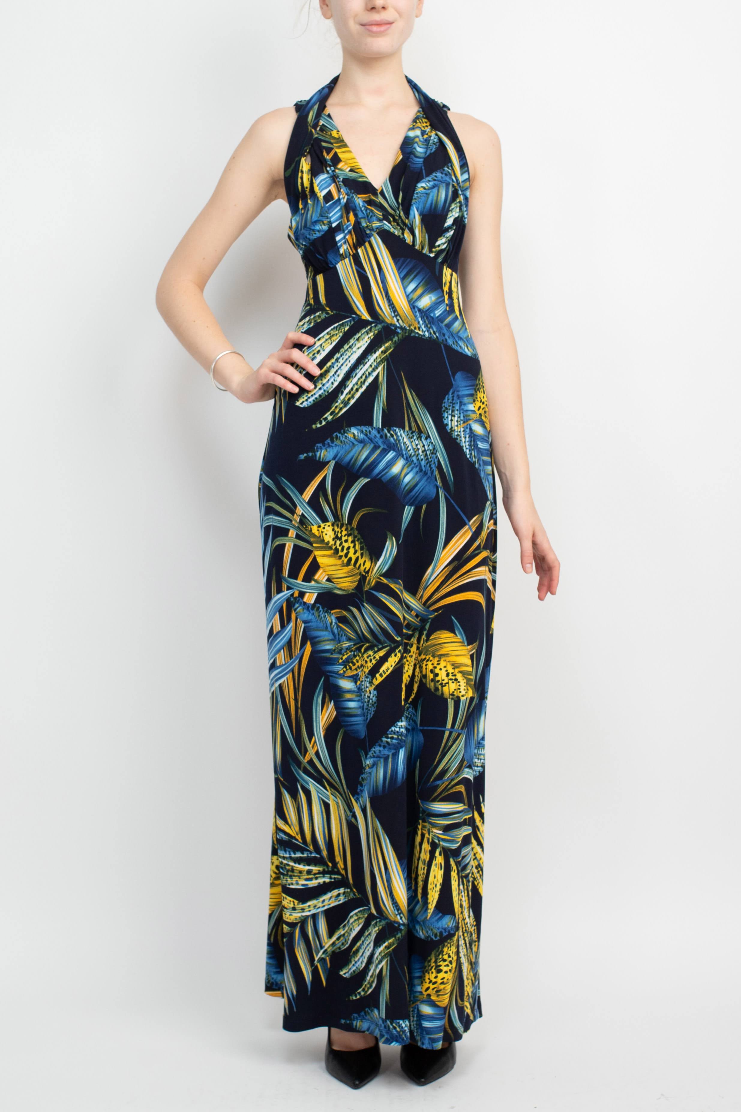 Connected Apparel V-Neck Crossed Shoulder Empire Waist Multi Print Jersey Dress-Clothes-Connected Apparel-NAVY-12-Urbanheer