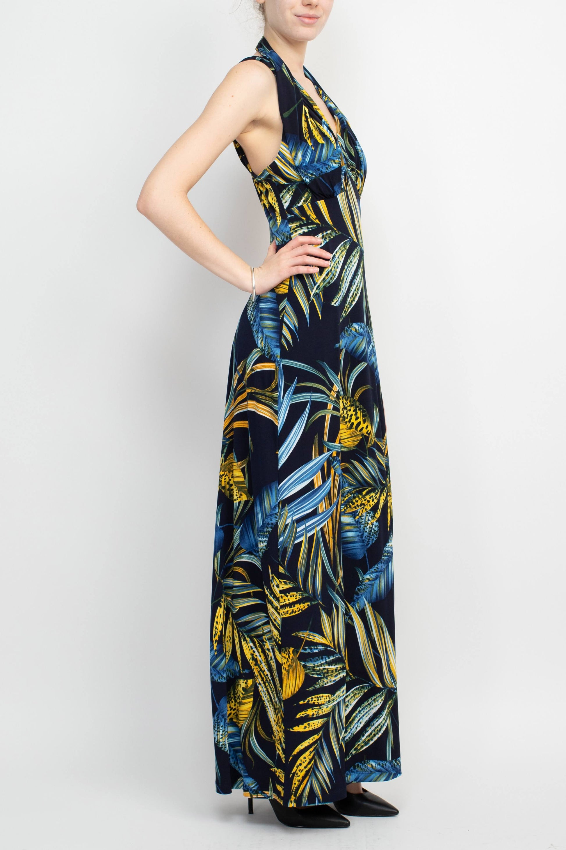 Connected Apparel V-Neck Crossed Shoulder Empire Waist Multi Print Jersey Dress-Clothes-Connected Apparel-NAVY-12-Urbanheer