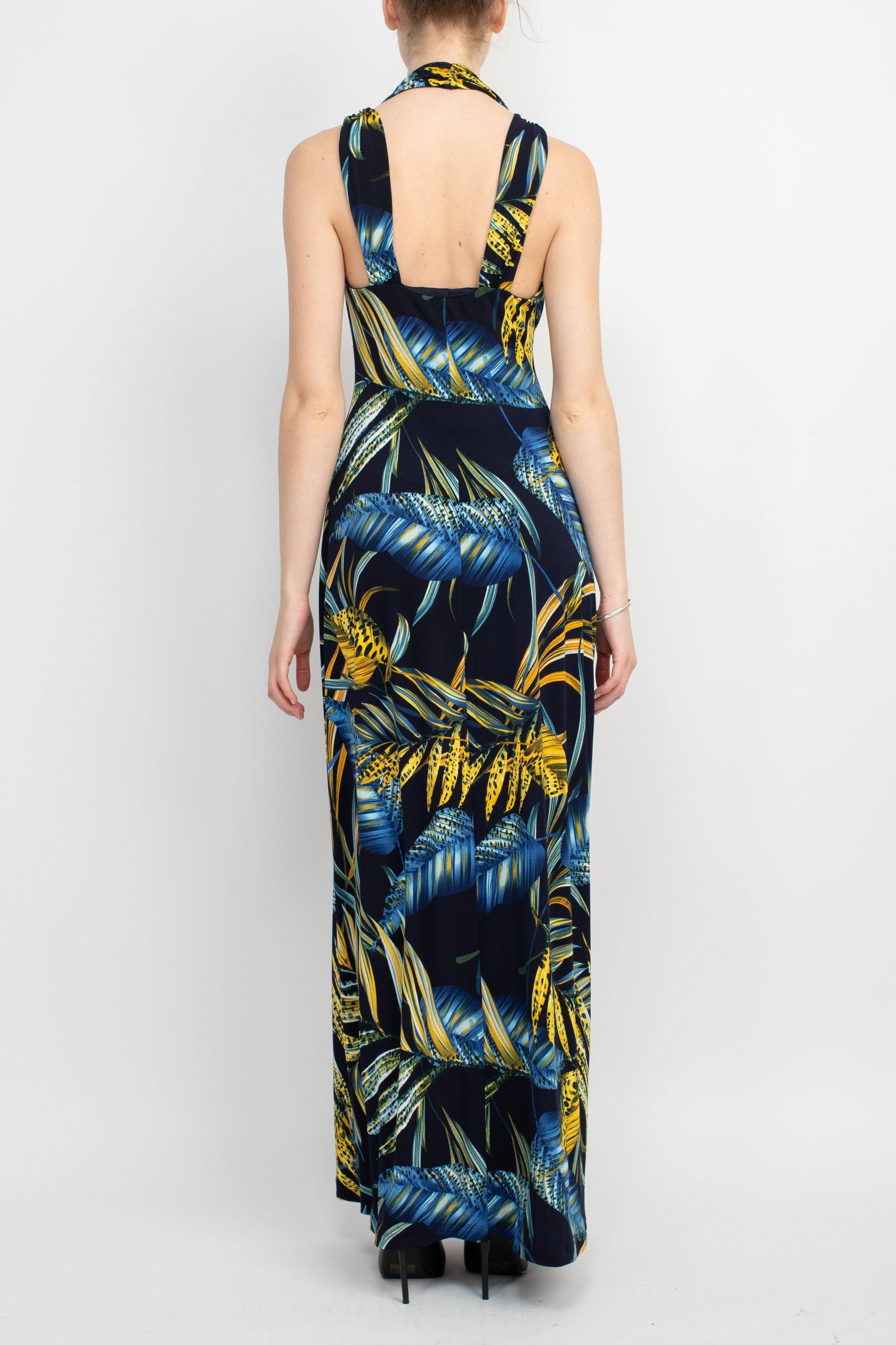 Connected Apparel V-Neck Crossed Shoulder Empire Waist Multi Print Jersey Dress-Clothes-Connected Apparel-NAVY-12-Urbanheer