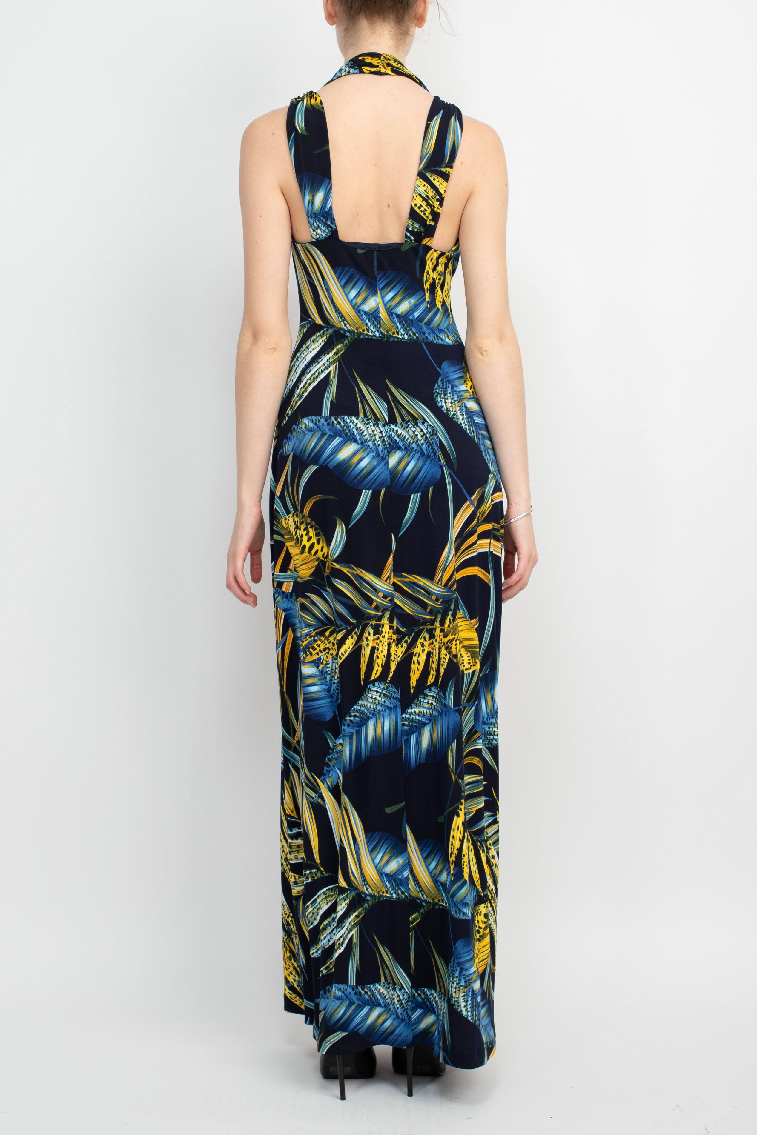 Connected Apparel V-Neck Crossed Shoulder Empire Waist Multi Print Jersey Dress-Clothes-Connected Apparel-NAVY-12-Urbanheer