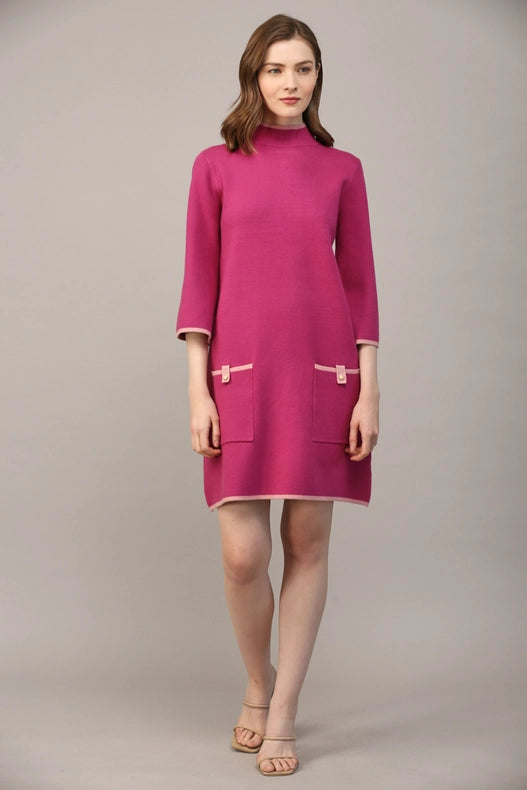Contrast Color Knit Mock Neck Sweater Dress BERRY / PINK-Dress-FATE-S-Urbanheer
