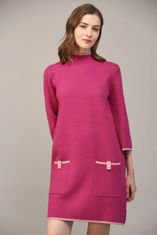 Contrast Color Knit Mock Neck Sweater Dress BERRY / PINK-Dress-FATE-S-Urbanheer