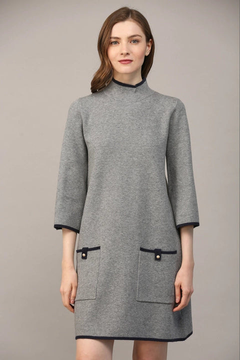 Contrast Color Knit Mock Neck Sweater Dress GREY / NAVY-Dress-FATE-S-Urbanheer
