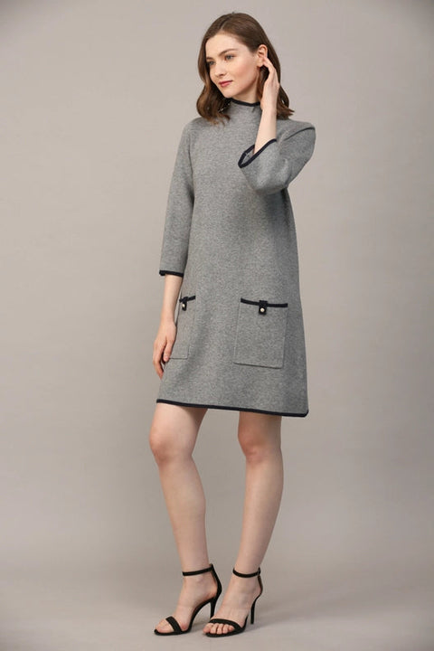 Contrast Color Knit Mock Neck Sweater Dress GREY / NAVY-Dress-FATE-S-Urbanheer