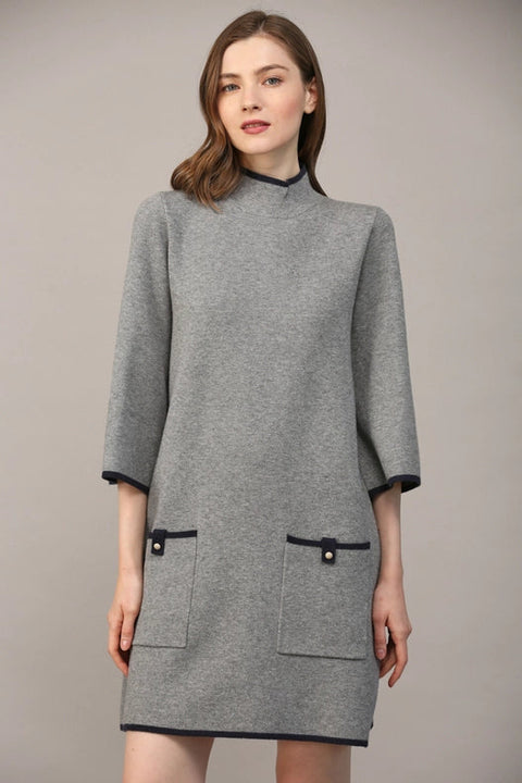Contrast Color Knit Mock Neck Sweater Dress GREY / NAVY-Dress-FATE-S-Urbanheer
