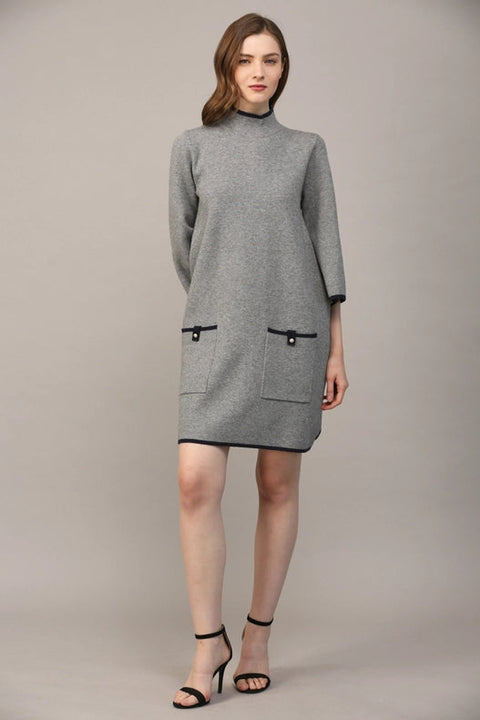 Contrast Color Knit Mock Neck Sweater Dress GREY / NAVY-Dress-FATE-S-Urbanheer