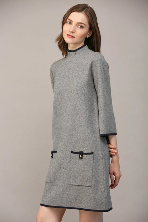Contrast Color Knit Mock Neck Sweater Dress GREY / NAVY-Dress-FATE-S-Urbanheer