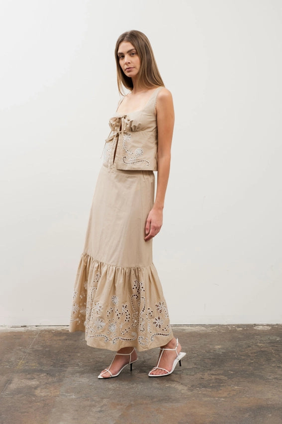 Contrast Eyelet Detail Midi Skirt-Skirts-Moon River-XS-KHAKI-Urbanheer