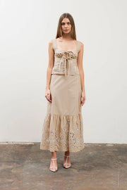 Contrast Eyelet Detail Midi Skirt-Skirts-Moon River-XS-KHAKI-Urbanheer