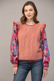 Contrast Floral Print Slv Ruffle Sweater-Sweater-FATE-S-APRICOT-Urbanheer