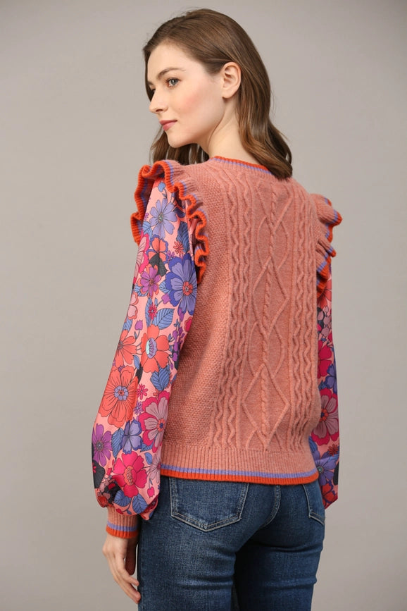 Contrast Floral Print Slv Ruffle Sweater-Sweater-FATE-S-APRICOT-Urbanheer