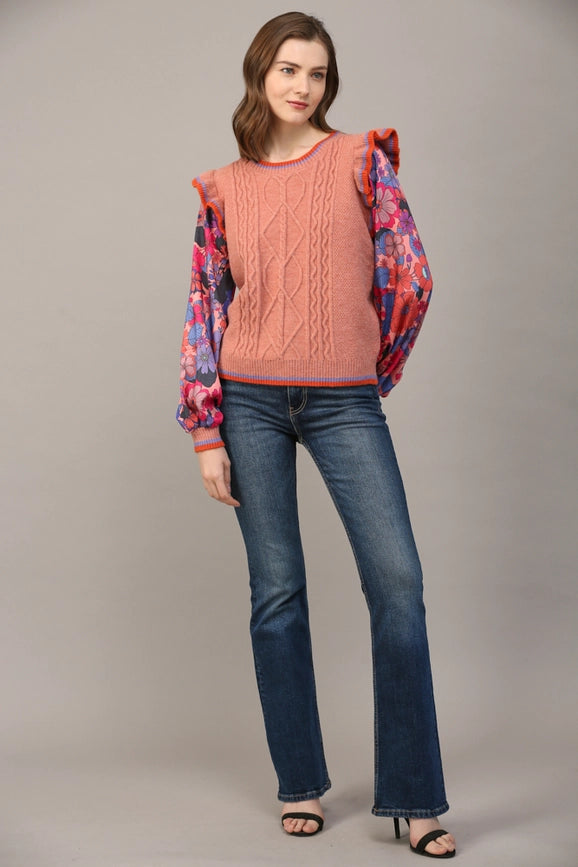 Contrast Floral Print Slv Ruffle Sweater-Sweater-FATE-S-APRICOT-Urbanheer