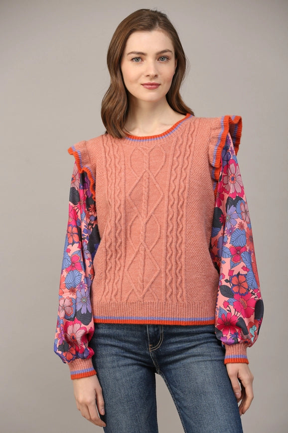 Contrast Floral Print Slv Ruffle Sweater-Sweater-FATE-S-APRICOT-Urbanheer