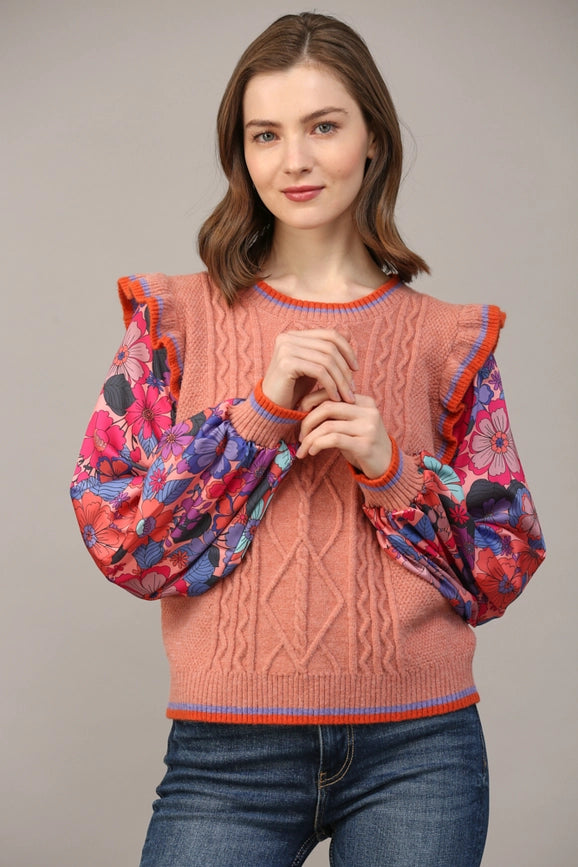 Contrast Floral Print Slv Ruffle Sweater-Sweater-FATE-S-APRICOT-Urbanheer