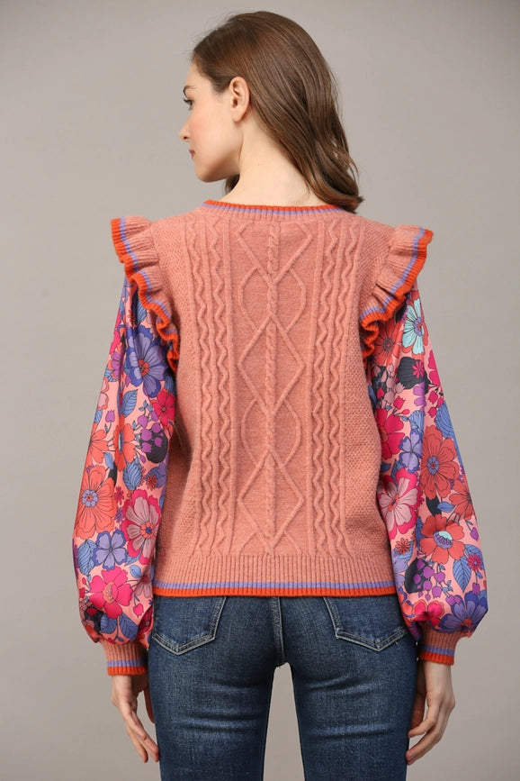 Contrast Floral Print Slv Ruffle Sweater-Sweater-FATE-S-APRICOT-Urbanheer