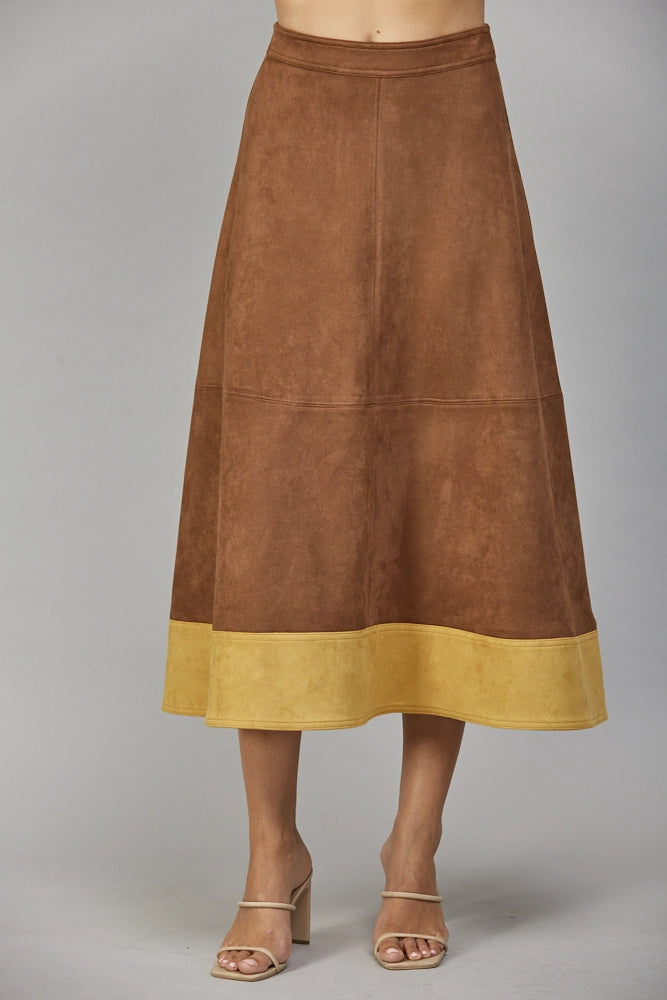 Contrast Hem Detail Faux Suede Flare Midi Skirt