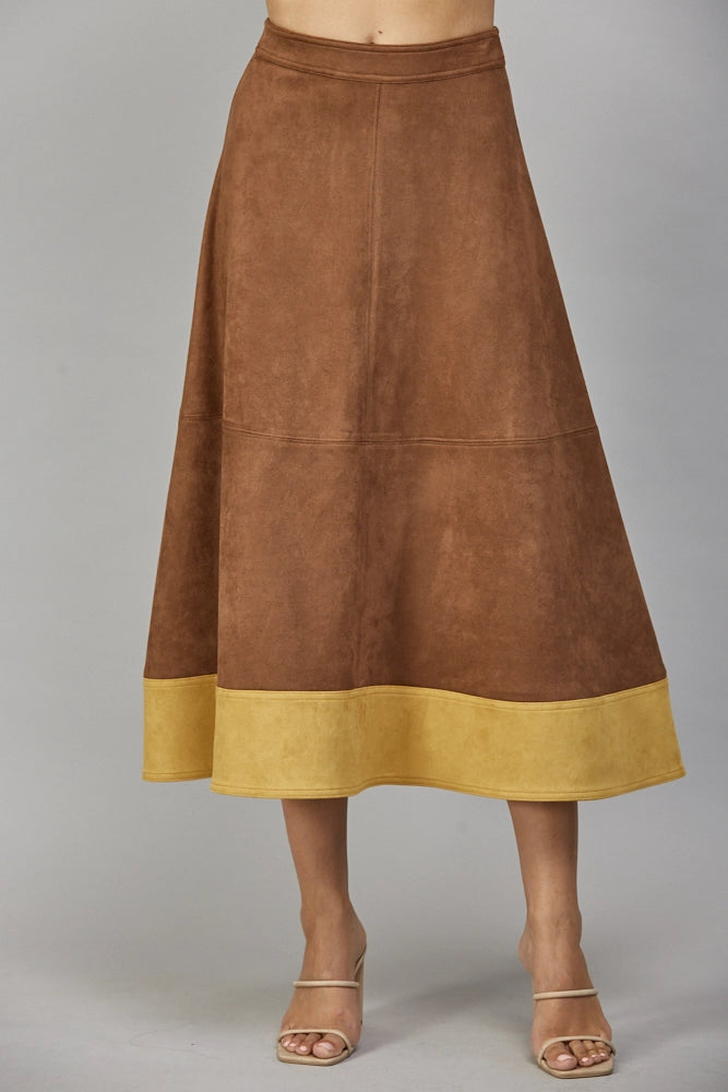 Contrast Hem Detail Faux Suede Flare Midi Skirt