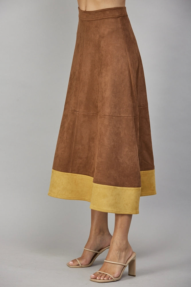 Contrast Hem Detail Faux Suede Flare Midi Skirt