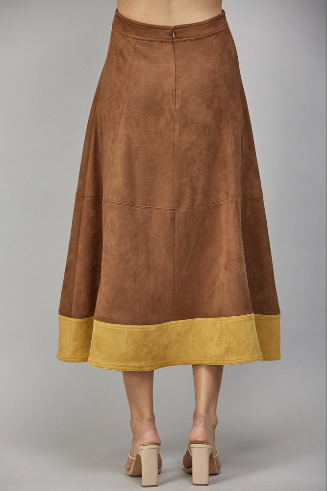 Contrast Hem Detail Faux Suede Flare Midi Skirt
