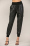 Contrast Rib Band Trim Faux Leather Jogger BLACK-Pants-FATE-S-BLACK-Urbanheer