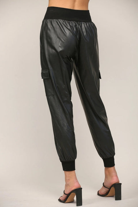 Contrast Rib Band Trim Faux Leather Jogger BLACK-Pants-FATE-S-BLACK-Urbanheer