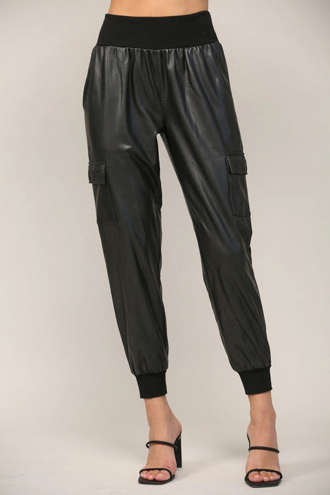Contrast Rib Band Trim Faux Leather Jogger BLACK-Pants-FATE-S-BLACK-Urbanheer