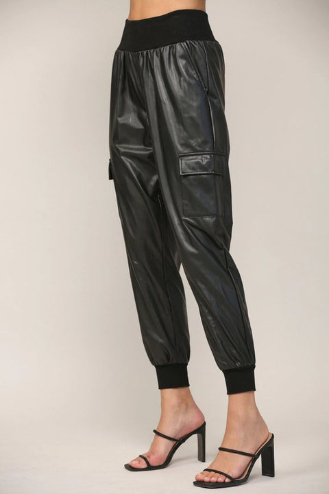 Contrast Rib Band Trim Faux Leather Jogger BLACK-Pants-FATE-S-BLACK-Urbanheer
