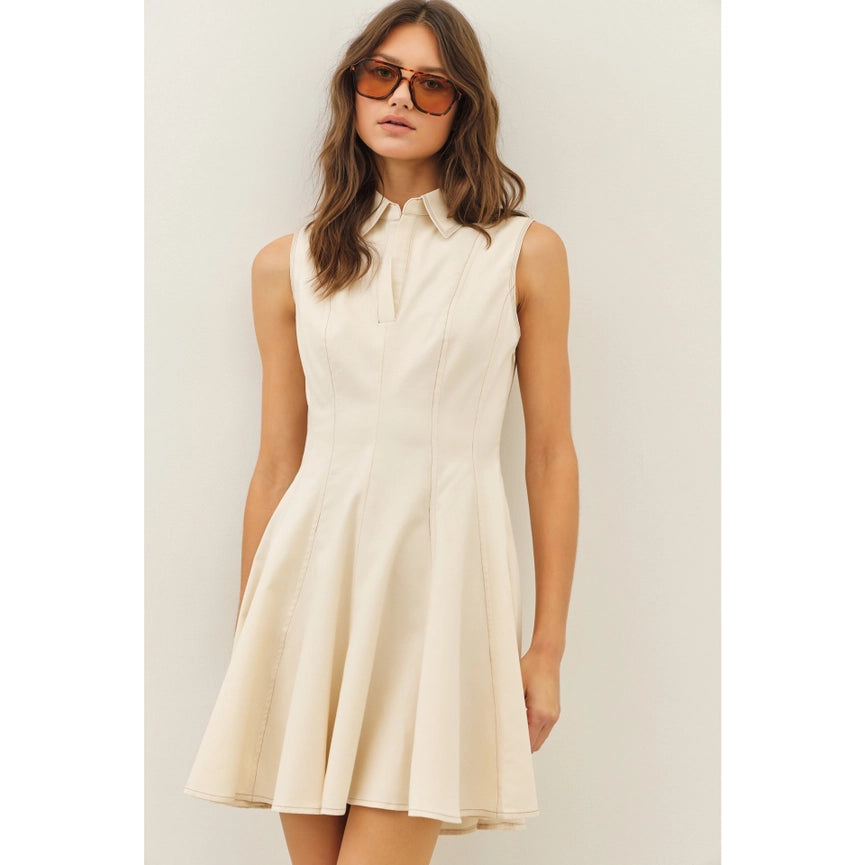 Contrast Stitch Detailed Fit and Flare Mini Dress NATURAL-Dress-idem ditto-S-NATURAL-Urbanheer