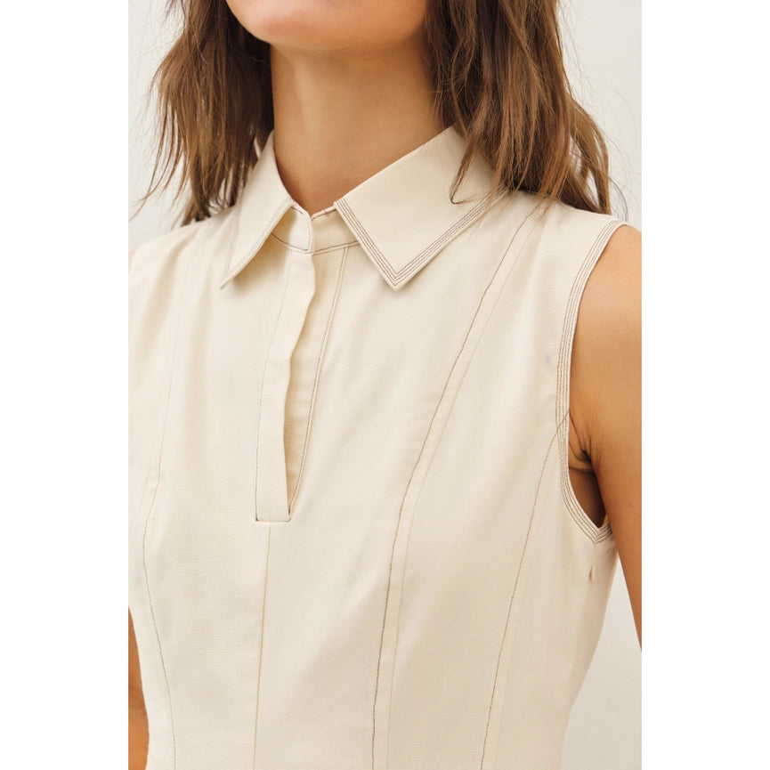 Contrast Stitch Detailed Fit and Flare Mini Dress NATURAL-Dress-idem ditto-S-NATURAL-Urbanheer