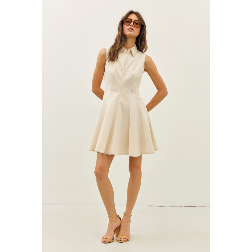 Contrast Stitch Detailed Fit and Flare Mini Dress NATURAL-Dress-idem ditto-S-NATURAL-Urbanheer