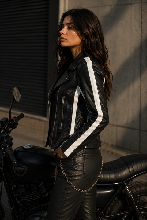 Contrast Stripe Washed Leather Biker Jacket