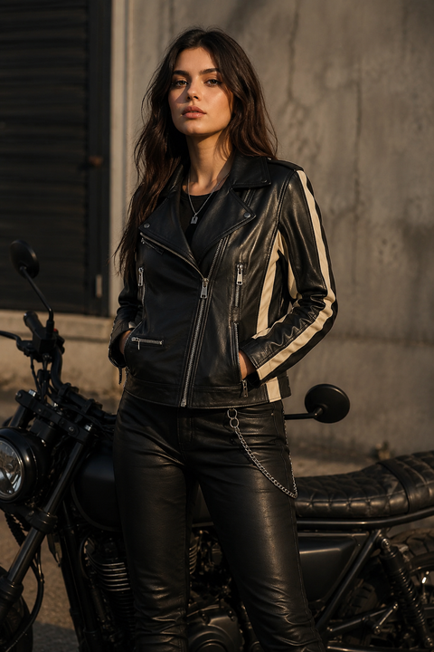 Contrast Stripe Washed Leather Biker Jacket