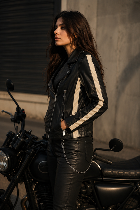 Contrast Stripe Washed Leather Biker Jacket